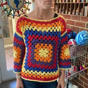 Yellow, Orange, purple, Red, Blue Large Granny Square Spring/ Summer Sweater